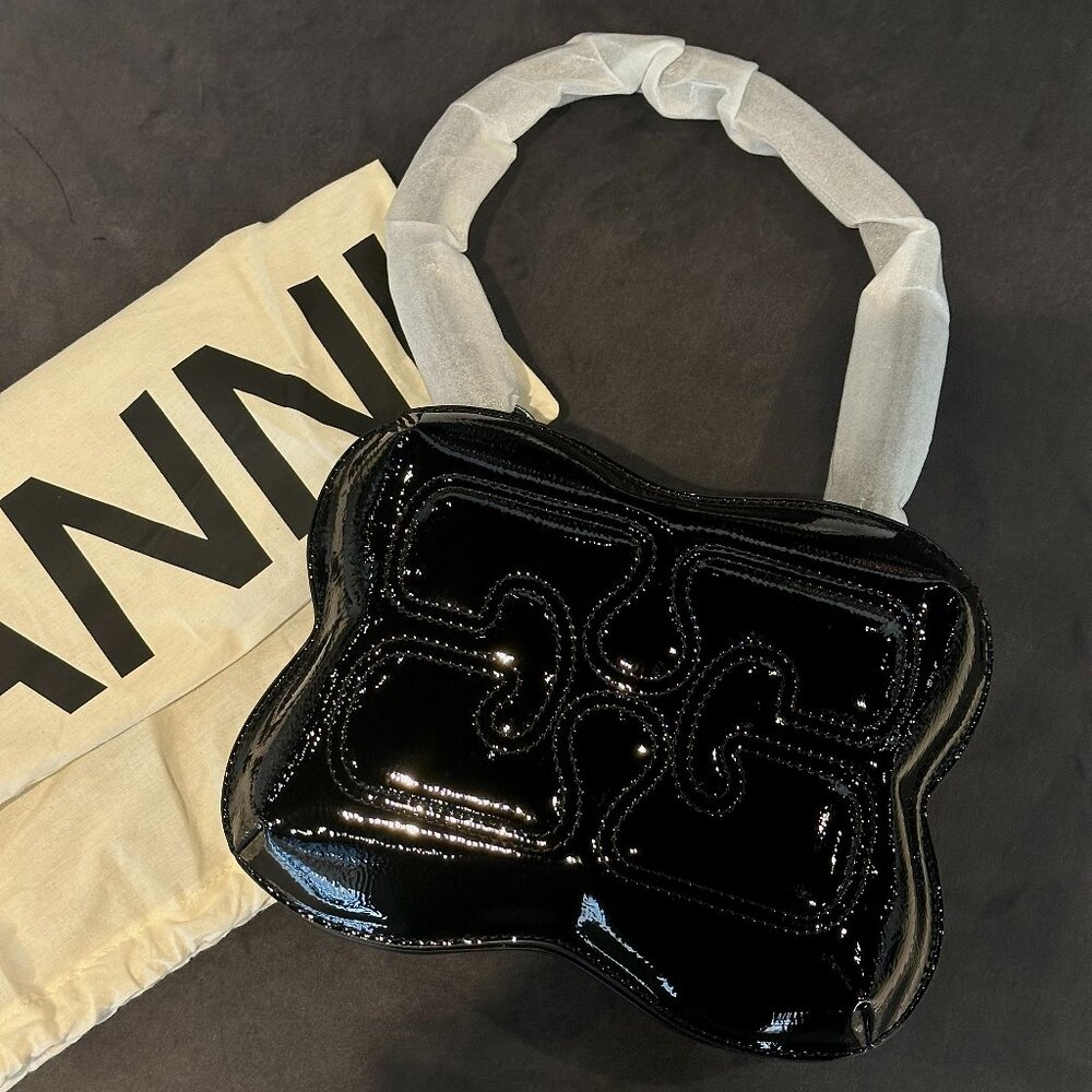 Ganni Black Patent Butterfly Top Handle Crossbody Bag